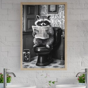 Quirky Raccoon Wall Art, Racoon Reading Newspaper Poster, Funny Bathroom Decor, Unique Animal Art Print, Black and White Wall Art