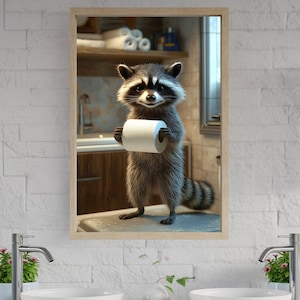 Cute Raccoon Bathroom Wall Art, Quirky Animal Toilet Paper Decor, Funny Raccoon Wall Print, Animal Lover Bathroom Decor, Bathroom Humor