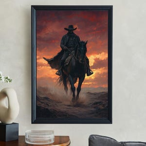 Western Cowboy Riding Horse Wall Art, Sunset Cowboy Painting Print, Wild West Decor, Rustic Cowboy Canvas, Western Wall Decor