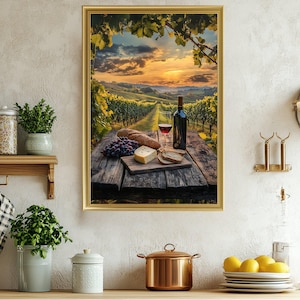 Vineyard Sunset Wall Art, Wine and Cheese Landscape Print, Rustic Countryside Decor, Grape Vineyard Photography, Dining Room Wall Decor