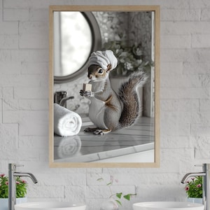 Squirrel bathroom wall art, cute animal print, squirrel with towel and soap, funny squirrel decor, whimsical bathroom art print