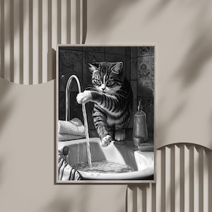 Cat in Bathroom with Running Water Wall Art, Black and White Tabby Cat Art Print, Realistic Cat Painting for Home Decor, Cat Lover Gift