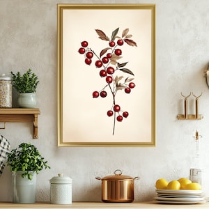 Red Berry Botanical Wall Art, Vintage Plant Illustration Print, Rustic Nature Home Decor, Farmhouse Style Artwork, Kitchen Wall Decor