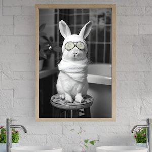 Cute Rabbit Spa Wall Art, Adorable Animal Decor, Funny Bathroom Art, Black and White Poster, Unique Home Decoration, Cute Gift Idea