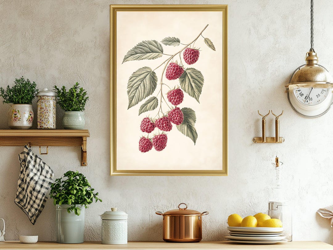 Vintage Botanical Raspberry Print, Kitchen Wall Art Decor, Rustic Berry ...