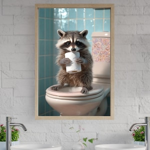 Niedliche Waschbären Badezimmer Wandkunst, lustige Tierdrucke für Wohnkultur, originelle Toiletten Kunst, entzückende Wildtier Poster, einzigartige Restroom Kunst