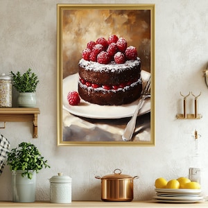 Chocolate Cake with Raspberries Wall Art, Kitchen Decor Cake Painting, Sweet Dessert Illustration Print, Bakery Themed Wall Decor