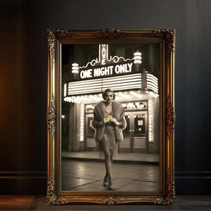 Vintage Movie Theater Marquee Wall Art, Retro Glamour Woman Print, Classic Hollywood Decor, Noir Style Photography, Timeless Elegance