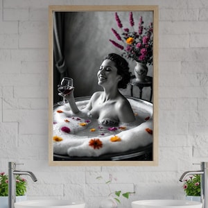 Relaxing bath wall art, Woman in bathtub with flowers, Wine bath decor, Luxurious spa room art, Flower tub photography print