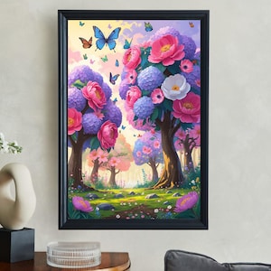 Enchanted Garden Wall Art, Fairy Tale Forest Print, Colorful Flower Trees Painting, Whimsical Nature Decor, Magical Butterfly Artwork