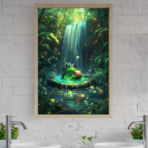 Frog Waterfall Wall Art, Tropical Forest Decor, Cute Frog Poster, Nature Inspired Art, Nursery Wall Art, Animal Art Print