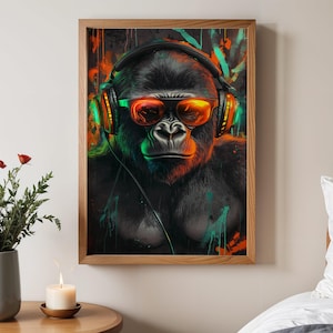 Gorilla mit Kopfhörern Wandkunst, cooler Gorilla Druck, Funky Wildtier-Dekor, Neon-Tier-Poster, Urban Jungle Vibes, Musik-Liebhaber-Kunst