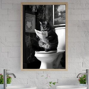Funny Cat Wall Art, Cat Reading Newspaper Print, Bathroom Decor, Black and White Cat Poster, Humorous Cat Artwork for Home