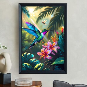 Arte murale colorata con colibrì e fiori tropicali, decorazione murale botanica, opera d'arte ispirata alla natura per il soggiorno, poster di uccelli vivaci