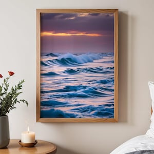Ocean Waves Sunset Wall Art, Serene Seascape Print, Tranquil Beach Photography, Coastal Home Decor, Nature Inspired Artwork for Living Room