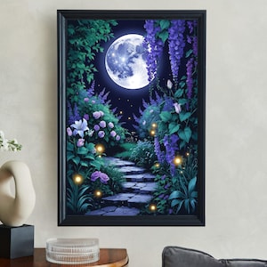 Enchanted Moonlit Garden Wall Art, Serene Night Landscape Print, Magical Full Moon Decor, Pathway and Fireflies, Dreamy Nature Poster