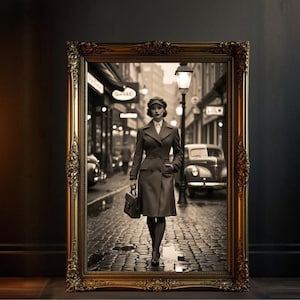 Vintage Street Scene Wall Art, Timeless Fashion Decor, Retro Lady Street Art Print, Classic Urban Photography, Elegant Wall Art