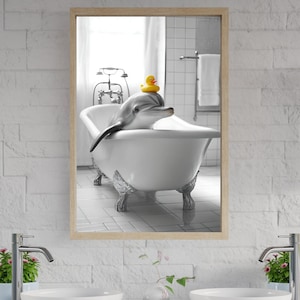 Dolphin in Clawfoot Tub Wall Art, Rubber Duck Decor Art Print, Fun Animal Bathroom Decor, Quirky Home Decor, Playful Bathroom Print