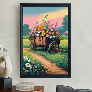 Rustikaler Blumenwagen Wandkunst, Vintage Blumendruck, Landschaftsbild, Country Garden Decor, Cottagecore Kunstwerk
