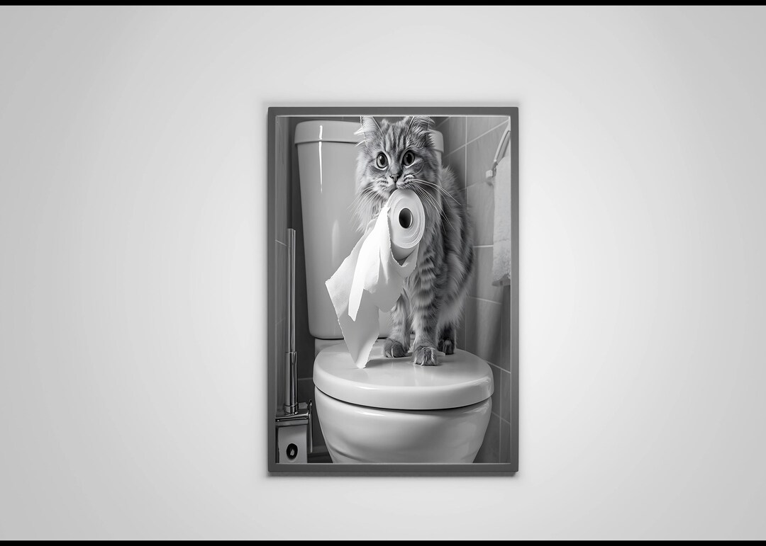 Cute Cat With Toilet Paper Funny Bathroom Wall Art Print, Humorous ...