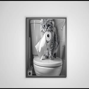 Cute Cat with Toilet Paper Funny Bathroom Wall Art Print, Humorous Animal Decor, Quirky Cat Themed Wall Art for Bathroom