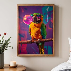 Stampa artistica da parete con pappagallo colorato, poster con uccello con occhiali da sole, vivace opera d'arte con animali, decorazione divertente e alla moda, arazzo da parete unico
