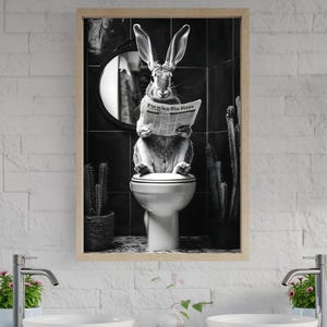 Quirky Rabbit with Newspaper Wall Art, Bathroom Decor, Funny Animal Print, Unique Home Artwork, Black and White Home Decoration