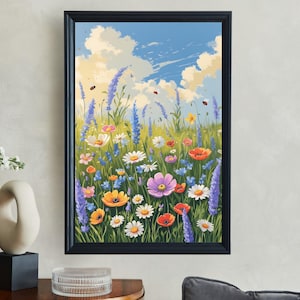 Wildflower Floral Meadow Wall Art Print, Spring Garden Bloom, Nature Inspired Home Decor, Colorful Flower Field, Botanical Print