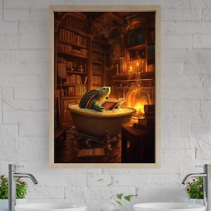 Enchanted Turtle Reading Art, Cozy Library Wall Decor, Whimsical Turtle Print, Fantasy Animal Poster, Relaxing Home Interior Art
