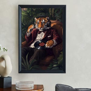 Tiger with Headphones Vinyl Record Jungle Setting Wall Art Vintage Style Music Lover Decor Unique Gift Animal Lovers Art Print