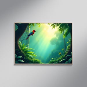 Tropical Parrot Wall Art, Colorful Bird Print, Jungle Decor, Exotic Animal Poster, Nature Canvas, Green Forest Artwork, Living Room Decor