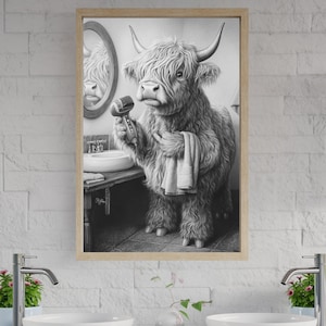 Highland cow bathroom decor, animal wall art for kitchen or bathroom, black and white cow print, farmhouse bathroom wall art
