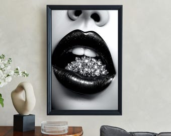 Glamorous Black and White Lip Art, Diamond Adorned Lips Poster, Modern Luxury Wall Decor, Bold Fashion Photography, Home Decor Gift