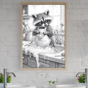 Adorable Raccoon Kitchen Art, Whimsical Animal Illustration, Cute Wall Decor for Kids Room, Black and White Print, Nursery Art