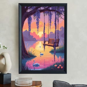 Bezaubernder See bei Sonnenuntergang, Wandbild, ruhige Naturszene, friedlicher Seeblick, Schwan-Dekor, romantisches Sonnenuntergangs-Plakat, beruhigender Wanddruck