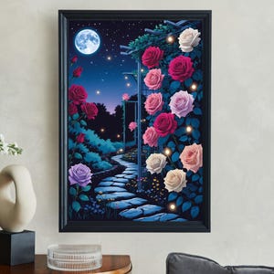 Moonlit Garden Pathway Wall Art, Romantic Rose Garden at Night, Moon and Stars Art Print, Enchanting Night Sky Decor