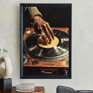Retro DJ draaitafel kunst aan de muur, hand draaiende vinylplaten print, cadeau muziekliefhebber, vintage muzikaal decor, unieke woondecoratie