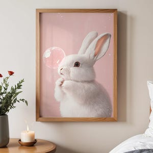 Cute Bunny with Bubble Art Print, Adorable Rabbit Wall Art, Nursery Decor, Animal Illustration, Pink Background Bunny Poster