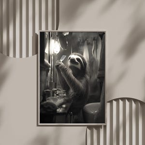 Charming Sloth Brushing Hair Print, Bathroom Wall Art Decor, Cute Animal Poster, Funny Sloth Artwork, Adorable Sloth Wall Print