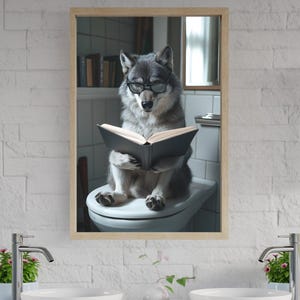 Wolf Reading Book Wall Art, Funny Animal Art Print, Cool Wolf Poster, Quirky Home Decor, Unique Gift for Readers, Humorous Wall Art