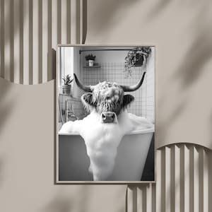 Highland Cow Bathroom Wall Art, Funny Animal Print for Bathroom, Cute Farmhouse Wall Decor, Monochrome Art, Unique Home Wall Decor