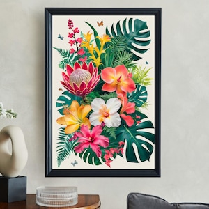 Tropical Floral Wall Art, Colorful Botanical Print, Vibrant Flower Poster, Tropical Leaves Art, Nature Inspired Decor, Summer Wall Art