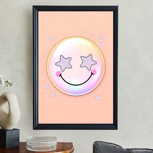 Cute Smiley Face Wall Art, Preppy Wall Art, Whimsical Star Eyes Smile, Happy Wall Art Decor, Pastel Smiley Face Poster, Fun Home Decor