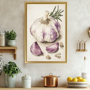 Rustic Garlic Botanical Print, Kitchen Wall Art, Vintage Inspired Vegetable Illustration, Farmhouse Decor, Culinary Theme, Food Lover Gift