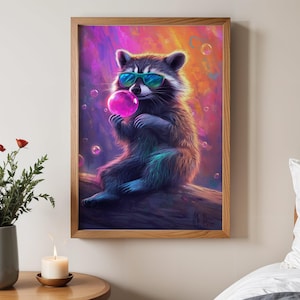 Cute Raccoon with Bubblegum Wall Art Colorful Animal Poster for Kids Room Playful Nursery Decor, Fun Animal Artwork for Child&#39;s Bedroom