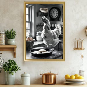 Whimsical Farmhouse Kitchen Decor, Chicken Cooking Pancakes Print, Funny Animal Wall Art, Rustic Culinary Humor, Quirky Home Artwork