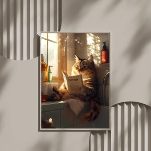 かわいい猫が本を読んでいる壁アート、バスルームにいる愛らしい猫、風変わりな猫のアートプリント、猫好きの方へのプレゼントに最適、居心地の良い猫の装飾