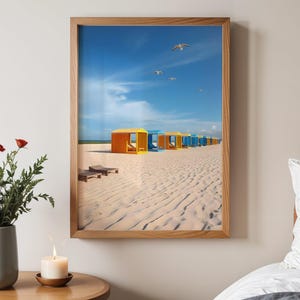 Colorful Beach Huts Wall Art, Seaside Decor, Coastal Landscape Print, Beach Scene Poster, Summer Vibes Wall Hanging, Nautical Art