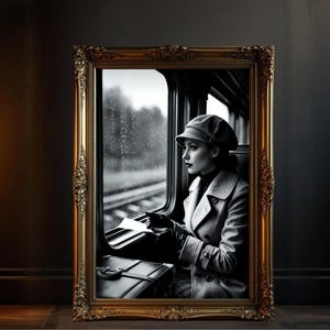 Viaje en tren antiguo, mujer en tren con carta, día oscuro y lluvioso, blanco y negro atemporal, impresión de arte retro cautivadora