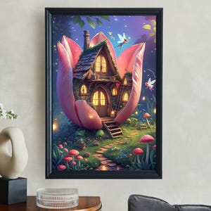 Whimsical fairy tale cottage in flower wall art, fantasy fairy house print, magical mushroom forest decor, enchanted garden poster